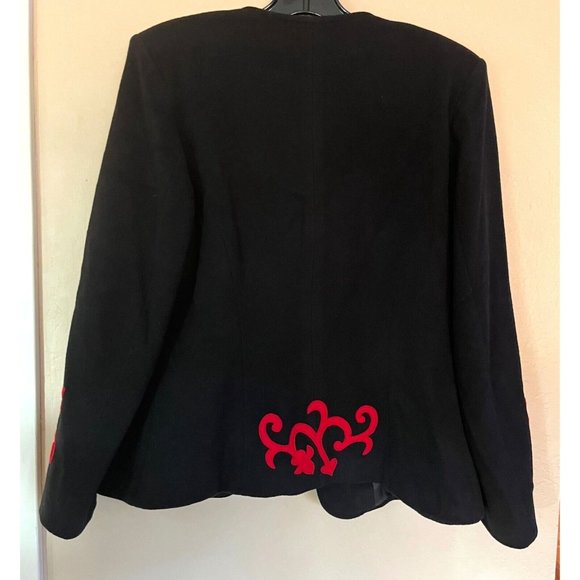 Jacket tailored Collarless Hip length Sz M Wool Blend Black with Red felt Floral - Picture 9 of 16